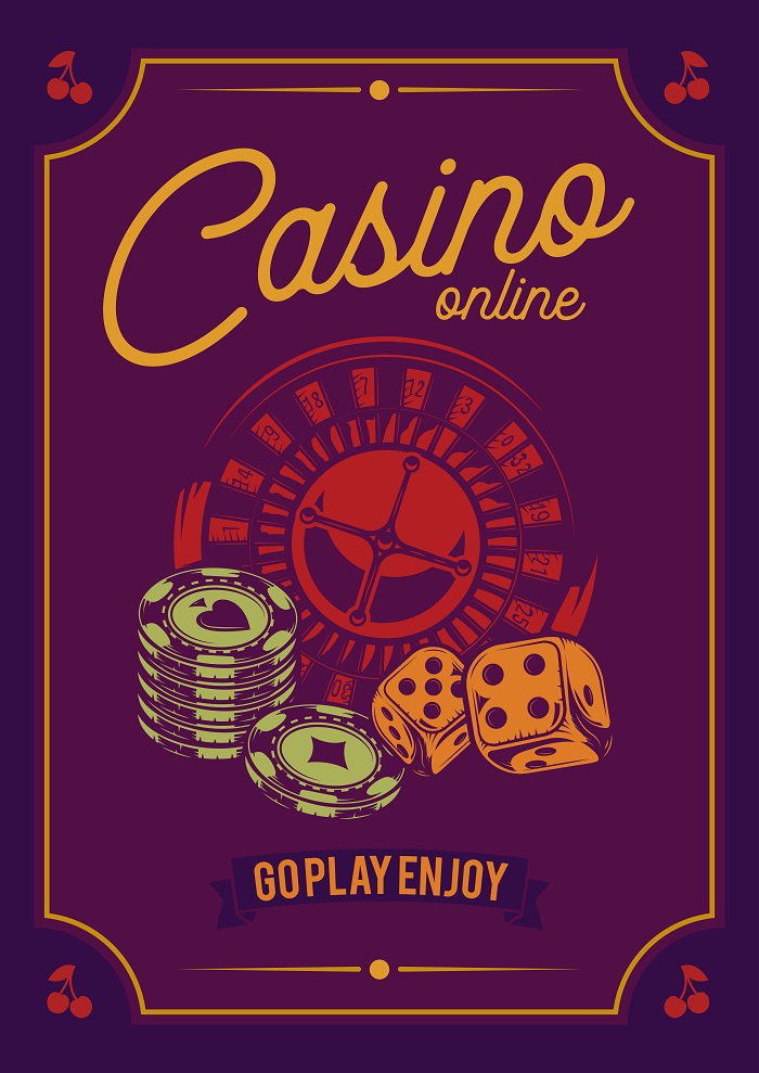 Purple poster of a casino roulette, chips and dice with the words Casino online on top and go play enjoy label on the bottom